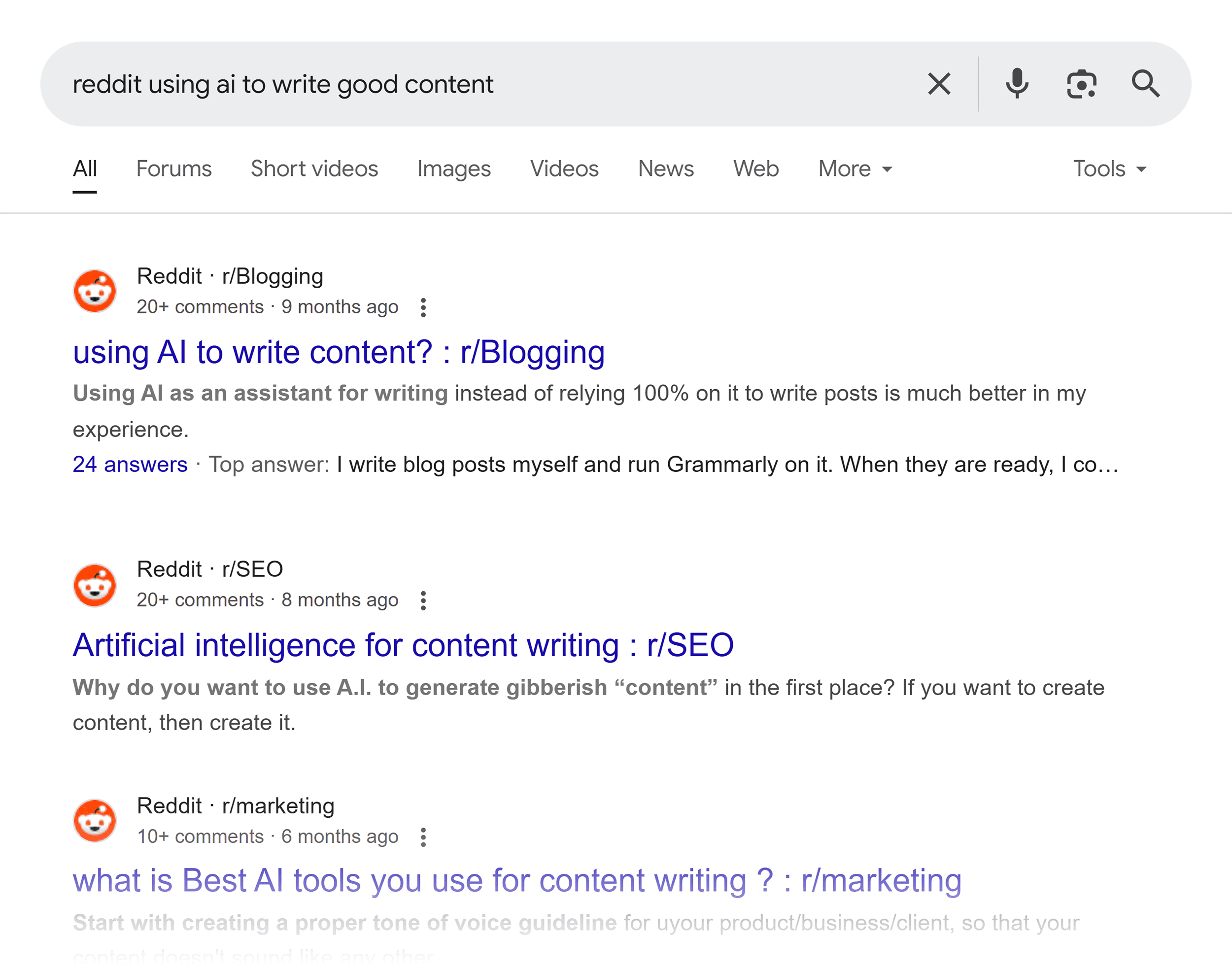 Google SERP – Reddit using AI to Write Good Content