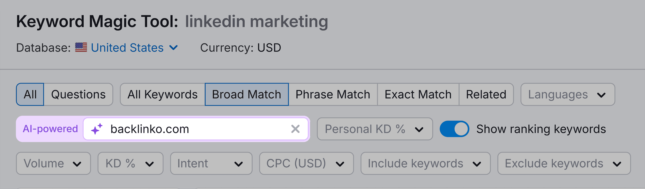 Keyword Magic Tool – LinkedIn marketing – AI powered – Backlinko
