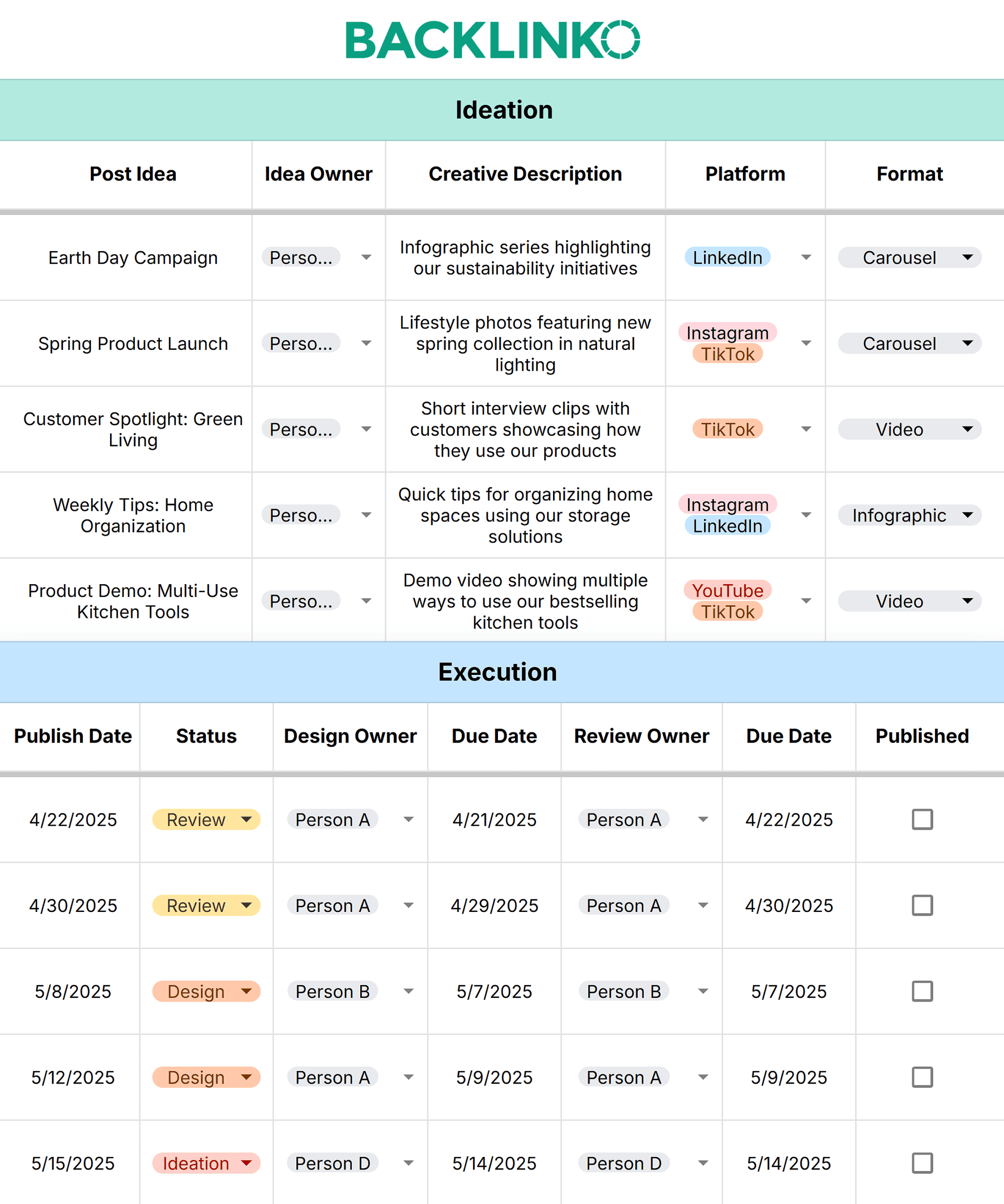 Backlinko – Social Media Calendar Template – Sample