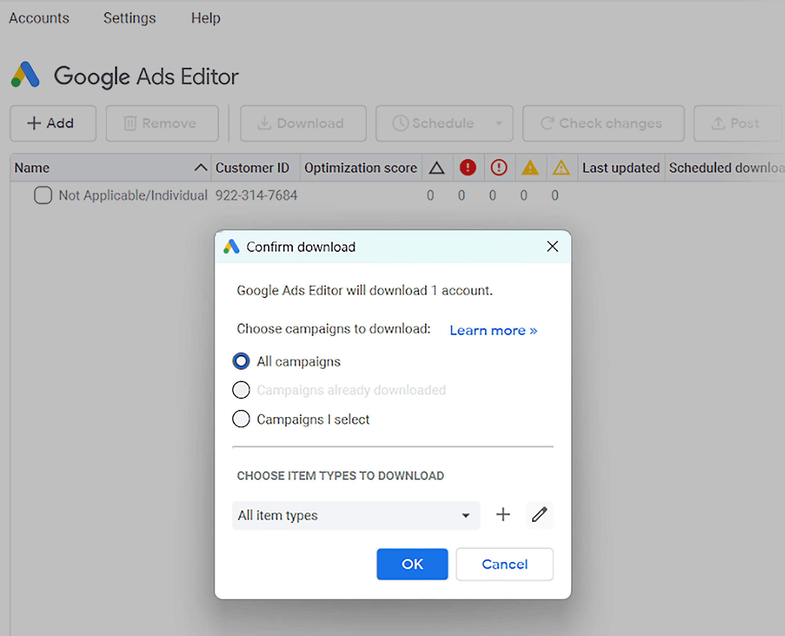 Google Ads Editor – First message