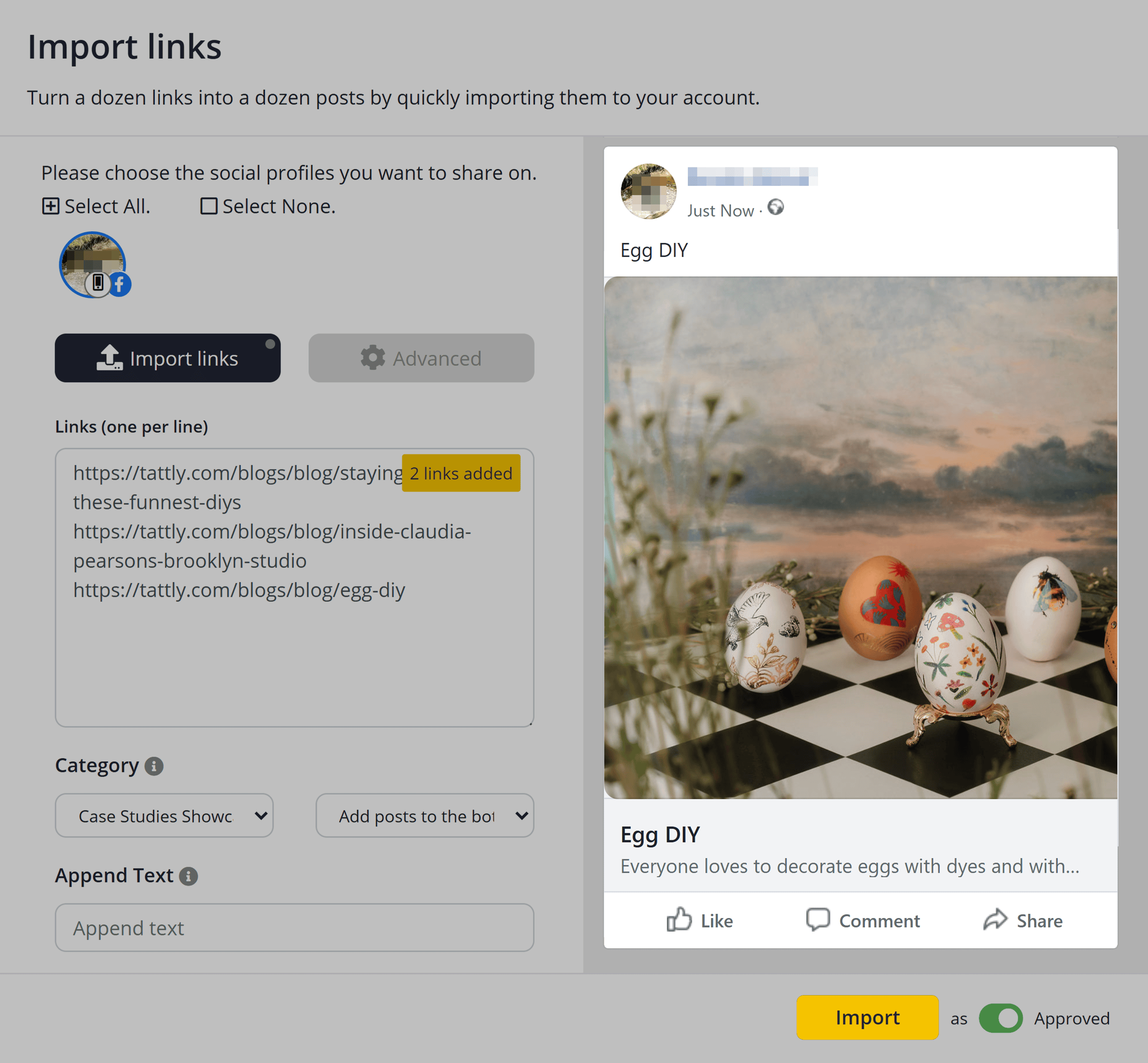 SocialBee – Import links – Created post