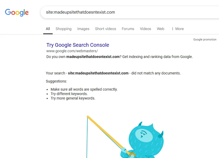 example of site not indexed in google search results