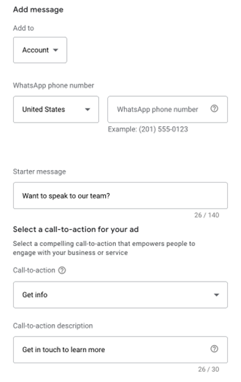 google ads assets - message asset settings 