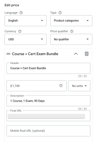 google ads assets - price asset settings 