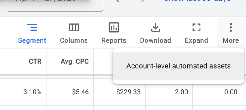 google ads automatically created assets - menu