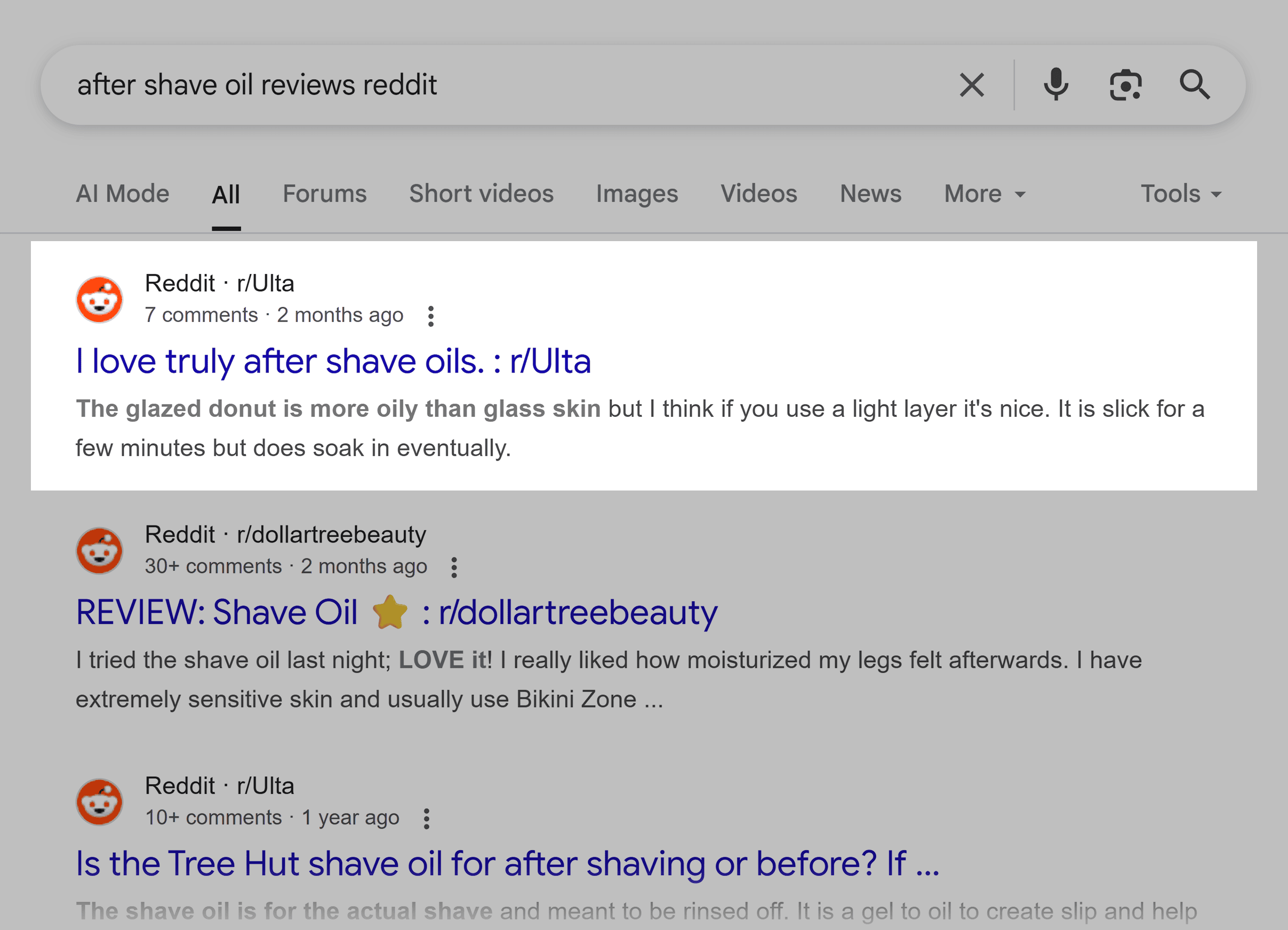 Google SERP – After shave oil reviews Reddit