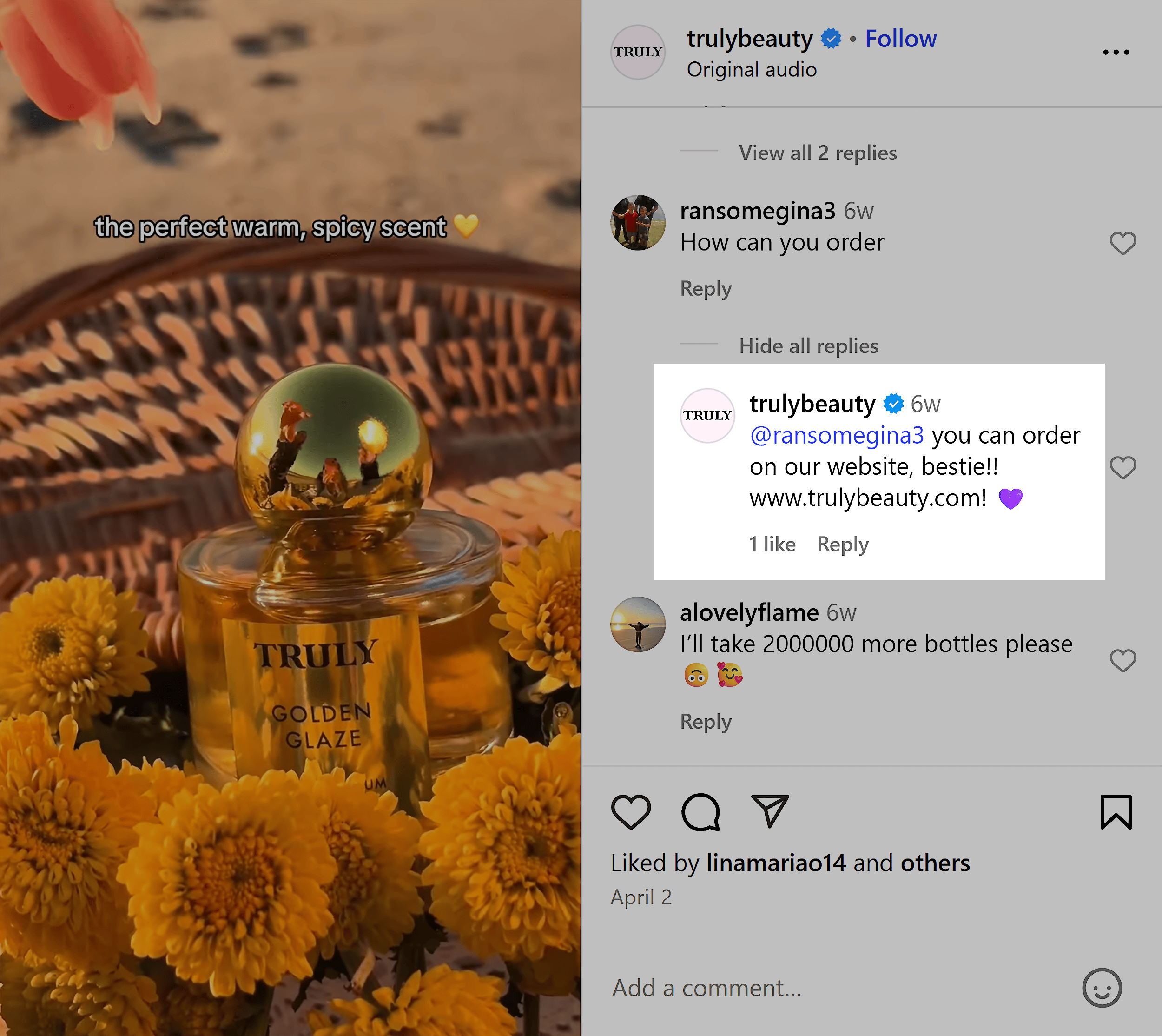 Instagram – Truly Beauty – Comments engagement