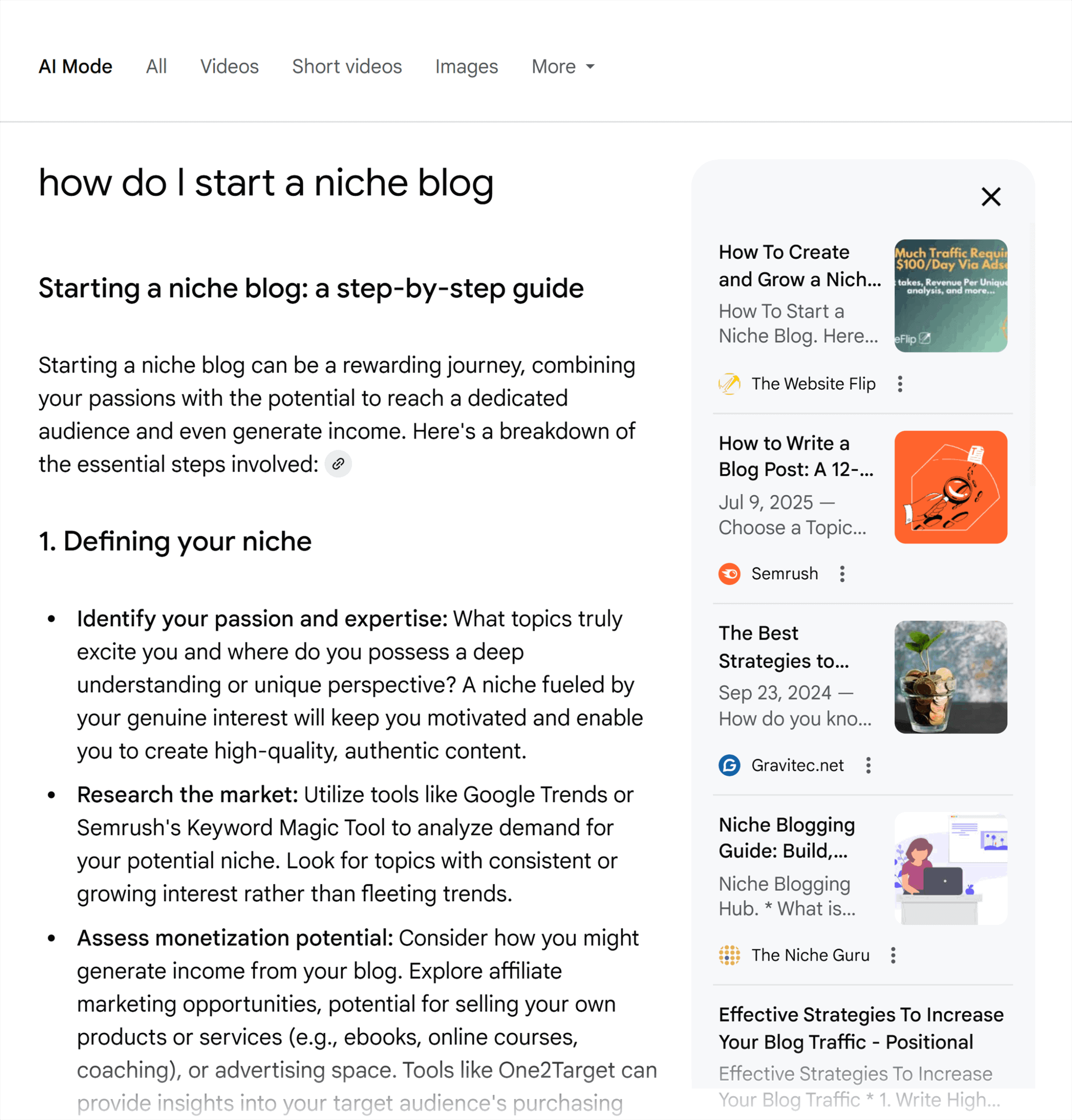 Google Search – AI Mode – How do I start a niche blog