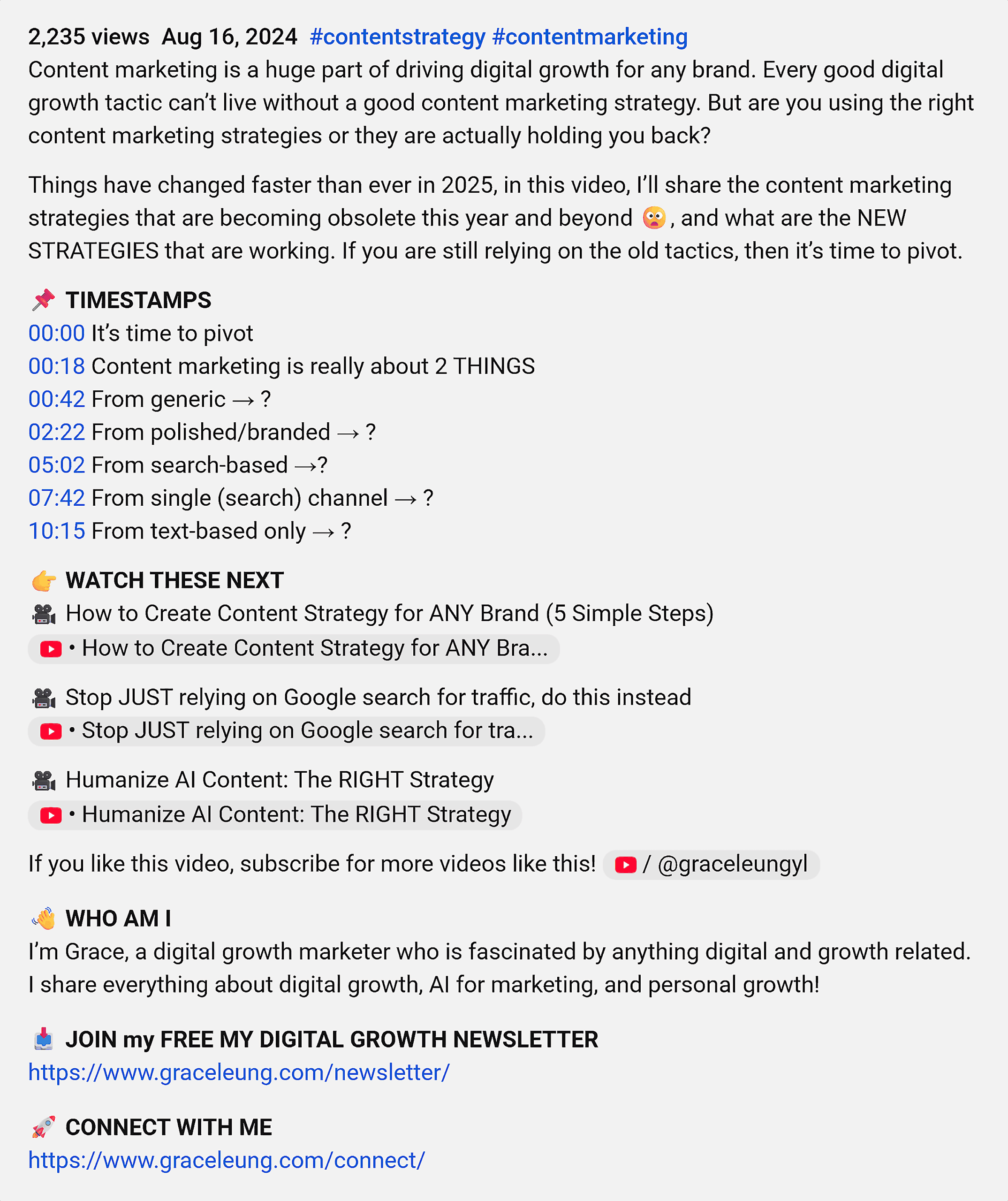 YouTube – Grace's video description