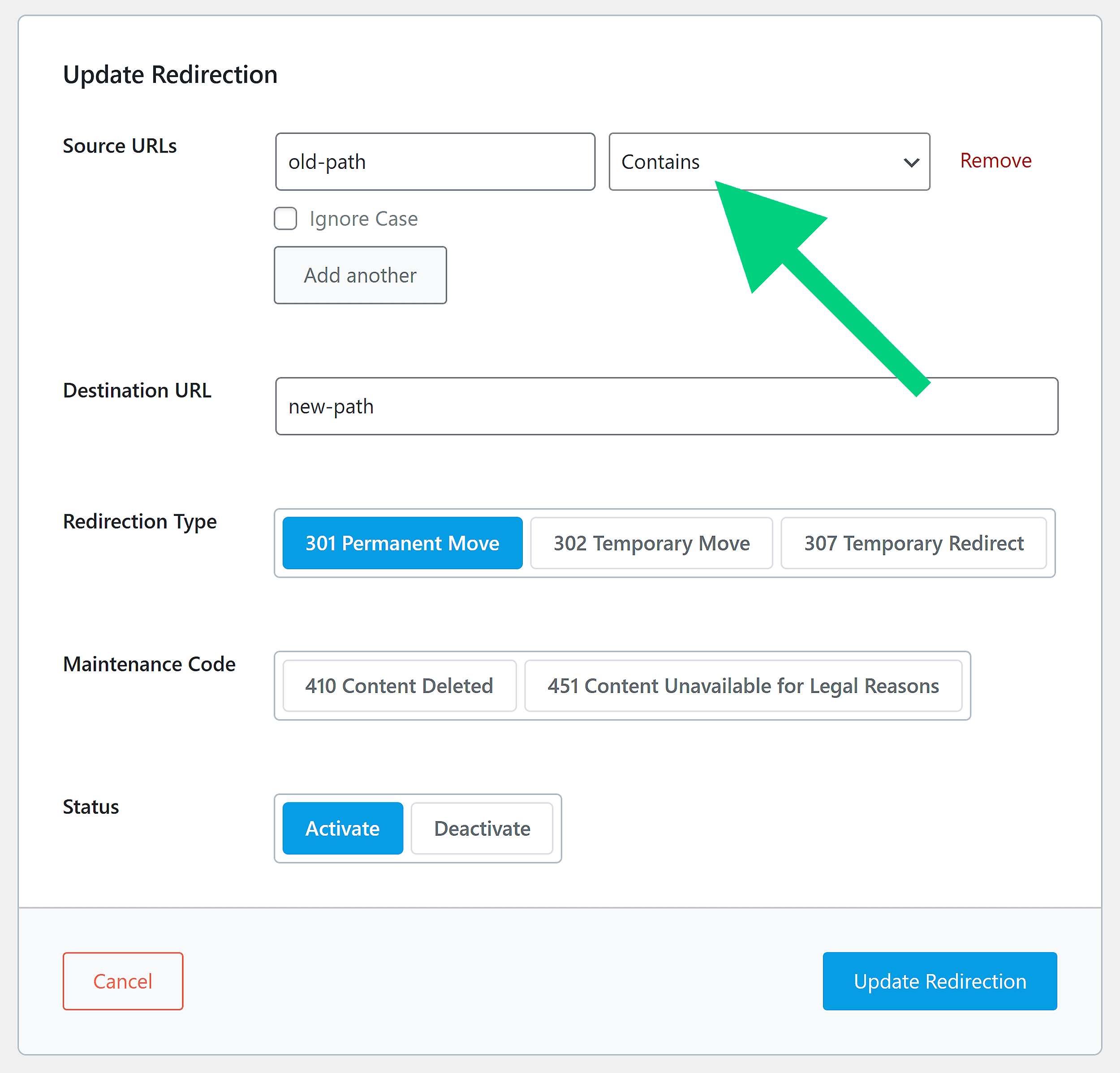 Rank Math SEO – Redirect contains