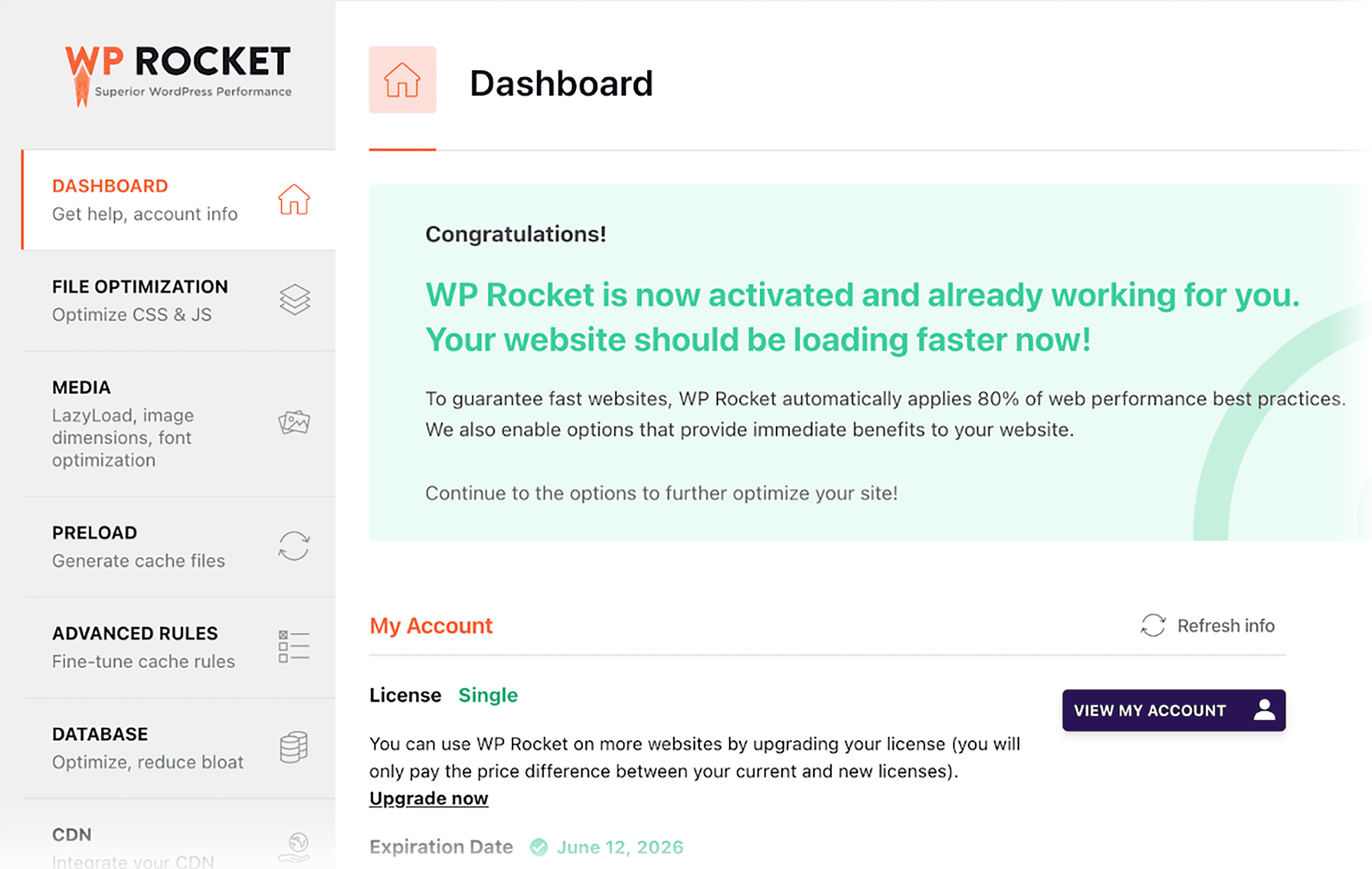 WP Rocket – Dashboard