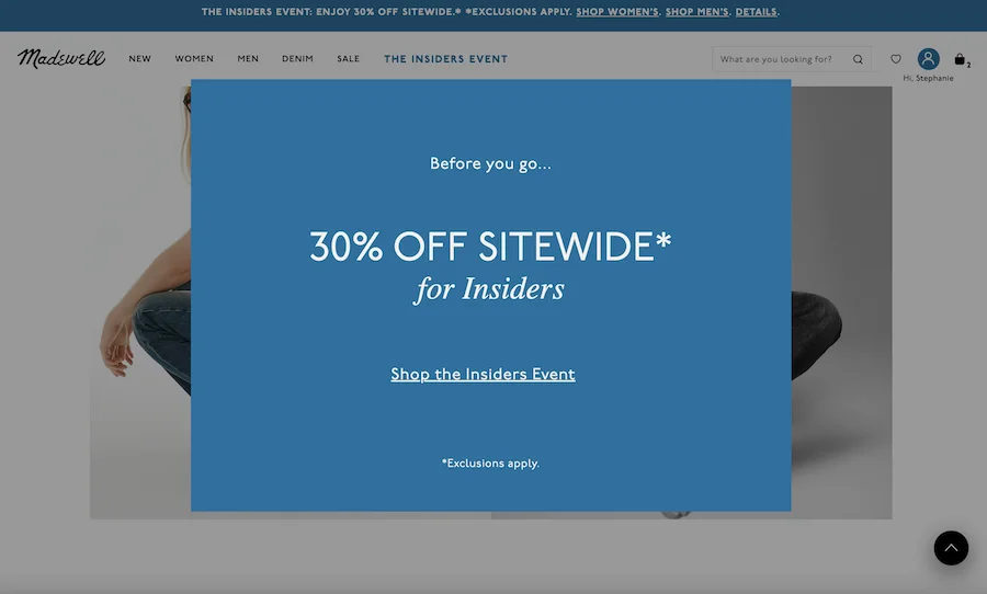 exit intent popup example from madewell