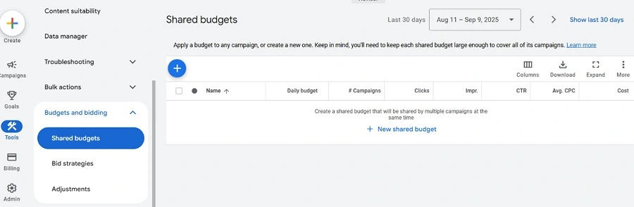 google ads budget - shared budgets screenshot