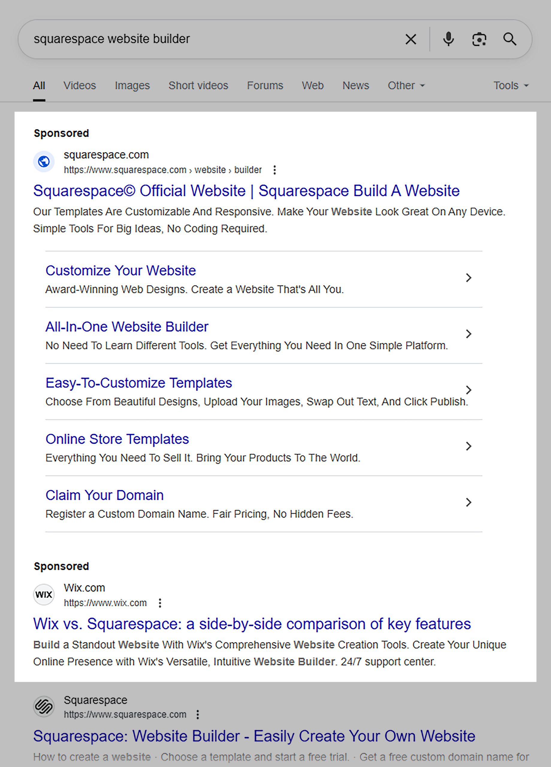 Google SERP – Squarespace Website Builder (sponsored)