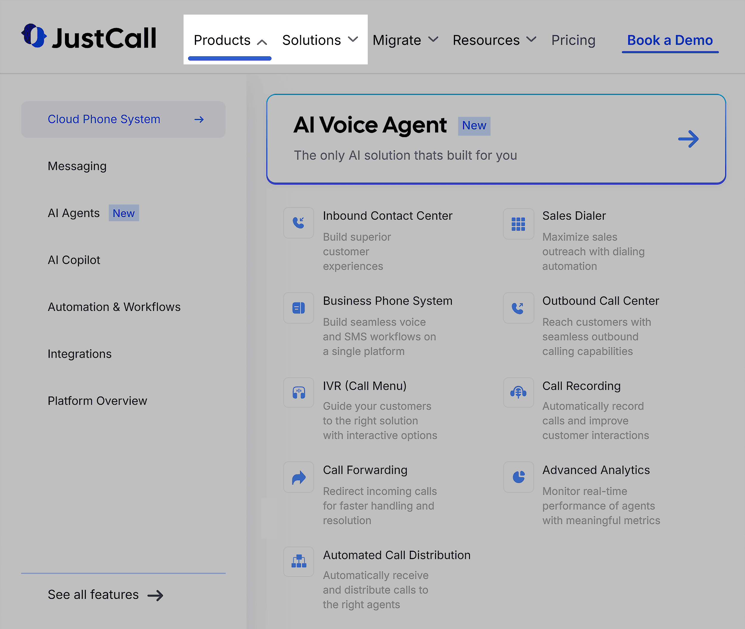 JustCall – Products & Solutions menu JustCall – Products & Solutions menu