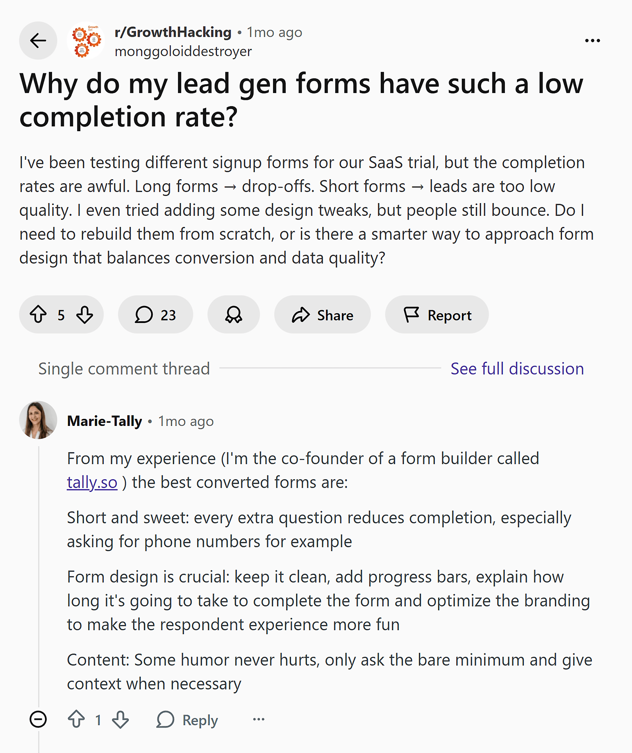 Reddit thread – Lead gen forms Reddit thread – Lead gen forms