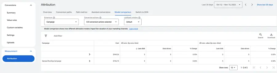 google ads conversion tracking - attribution measurement screen