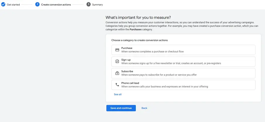 google ads conversion tracking - categories