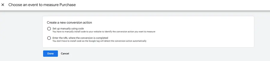 google ads conversion tracking - purchase action options
