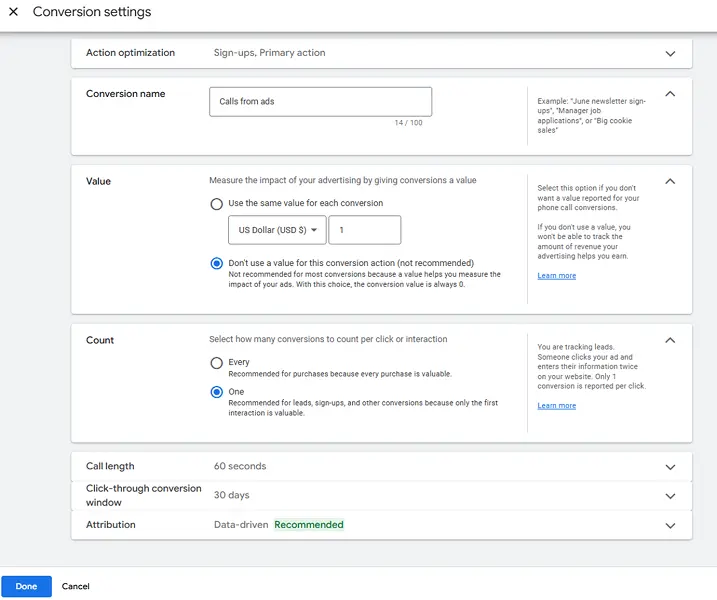 google ads conversion tracking - conversion action settings 