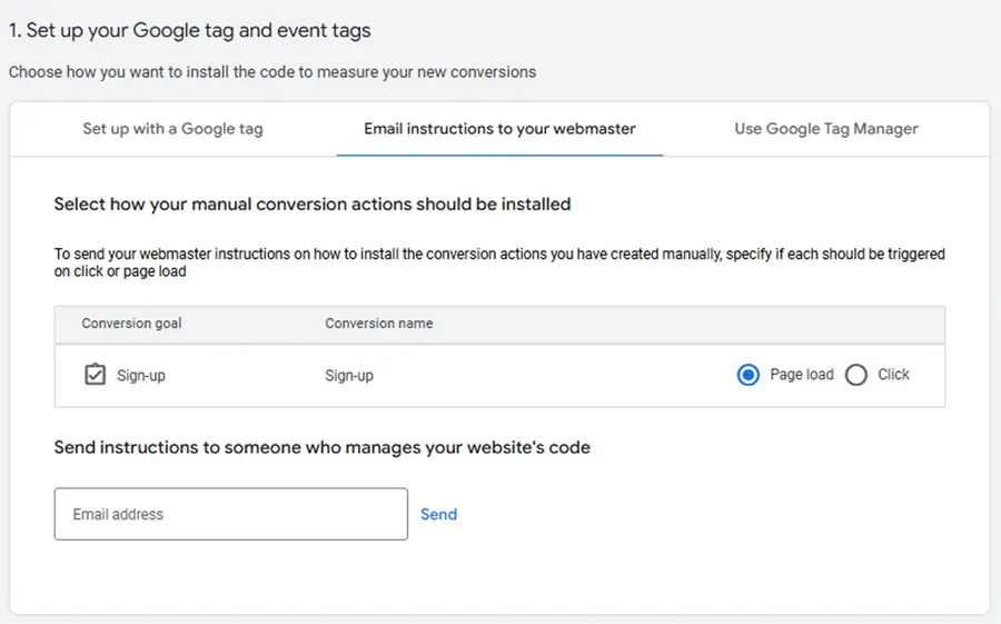 google ads conversion tracking - using webmaster to set google tag