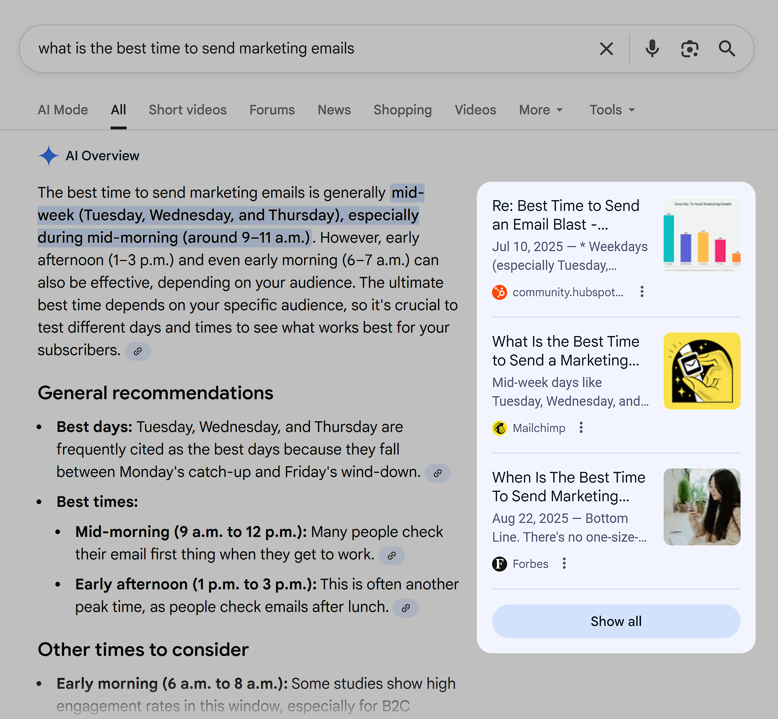 Google SERP – Best time to send marketing emails