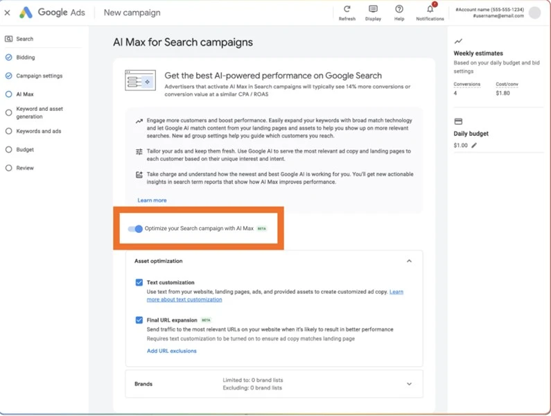 google ads power pack - ai max for search settings